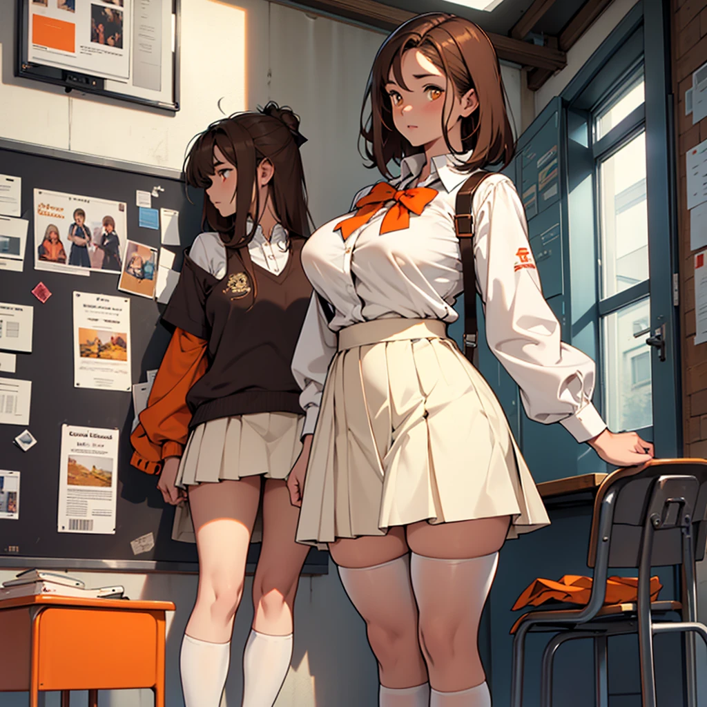 (masterpiece, best quality), 1girl, brown hair, short hair, bangs, slim, (wide hips, thick thighs), looking at viewer, arms behind back, (dress shirt, tie, sweater, skirt), (masterpiece), (best quality:1.2), absurdres, intricate details, (Erotic face:1.4)