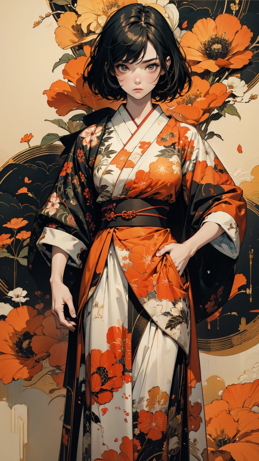 (masterpiece, High resolution, Highest quality), 20-year-old woman, Upper body focus, Hands in pockets:1.3, Japanese-style punk fashion:1.2, Petal Collage, abstract design, artistic juxtapositions, And handle background, warm color, mixed-media approach, Anime Style, Simple lines, Digital Painting,