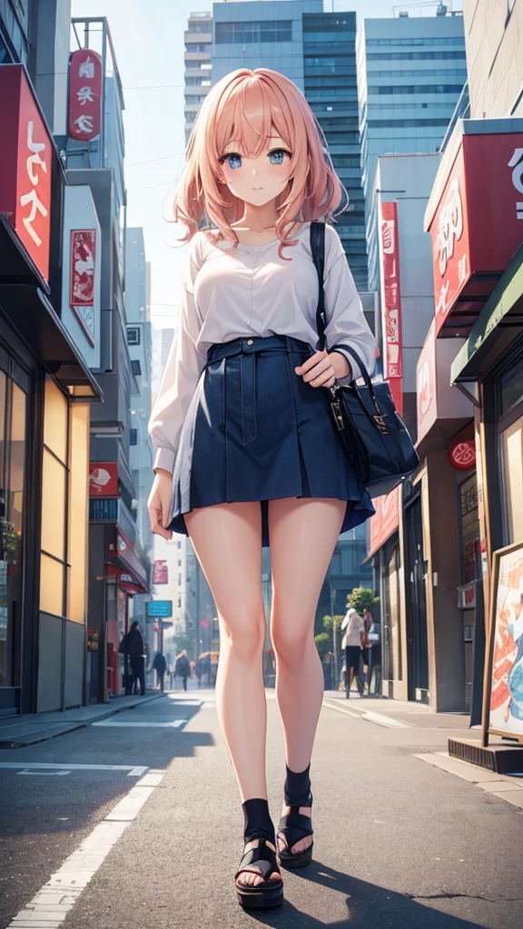 "In a modern Japanese cityscape, a cute anime-style woman is depicted in full body. She is wearing casual anime-style clothing and is not holding anything. Her hair is a soft color with light waves, and her outfit is simple yet trendy. The background features modern buildings and shop signs, subtly reflecting the bustling city atmosphere. The lighting is natural, with bright sunlight illuminating her surroundings on a clear day."