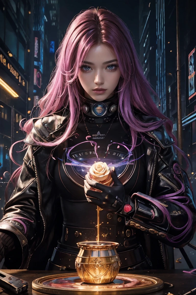(masterpiece, Highest quality, Highest quality, Official Art, beautifully、beautiful:1.2), (One Man), extreme detailed,(Abstract),Colorful Hair,highest detailed, detailed_eye, Rose,Have the Holy Grail,cyber punk,Lightning, Light_particle,