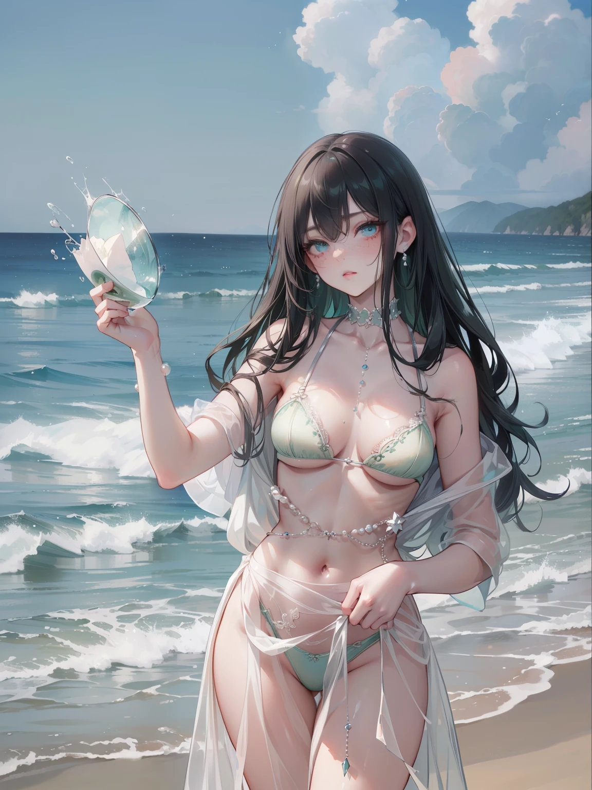 ((dark fantasy)), ((wavy hair, silver hair color, pale skin),(((green aquamarine eyes))), freckles, warm light,( ),busty,Glamougeous,monochromes,erotic posing,Dynosing,Arrange Pose,Dramatic,Cinematic,Detailed background, Dynamic Angle,From the angle of the film,Gothic background, Dark fantastic view,Best Quality,masutepiece,8K,The ultimate detailed dark background, Top image quality、RAW photography、超A high resolution,cropped shoulders, overall look is very erotic、Shot for one perly, model shoot, Large round chest, Beautiful Eyes of Details、Very slender eyes、Beautiful eyelashes、Very slim physique, with blush cheeks,Pearl Beaded Bralet Top, ((pearl top)), ((pearl bra))