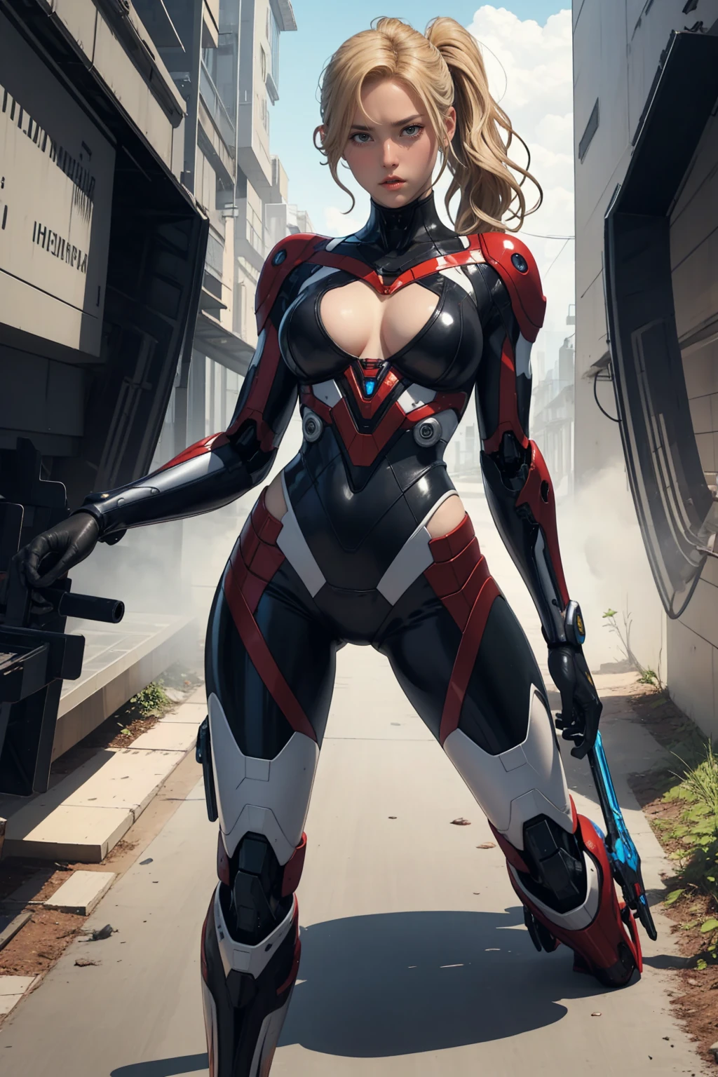 1 girl, blonde ponytail hair, big breast, wearing hi-tech venom girl mecha suit, serious face, fullbody shot, shooting web, 