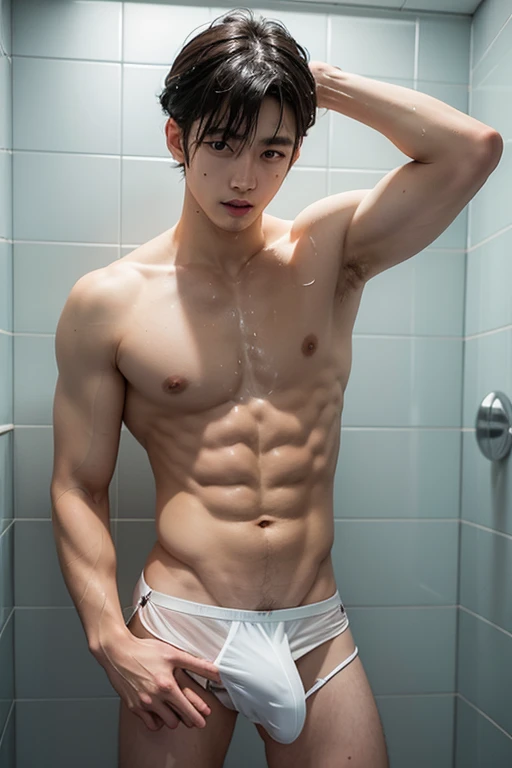 Japanese 18 year old swimmer, thin, transparent, white swim trunks, Wet, taking a shower, getting Wet, has a large penis.Naked, with his penis erect, showing high sexual arousal, semen squirting all over his abdomen and thighs, not wearing any clothes.,เปลือกกาย,การแข็งตัว,น้ำอสุจิ,อสุจิบนอวัยวะเพศชาย,ญี่ปุ่น,นักกีฬา,