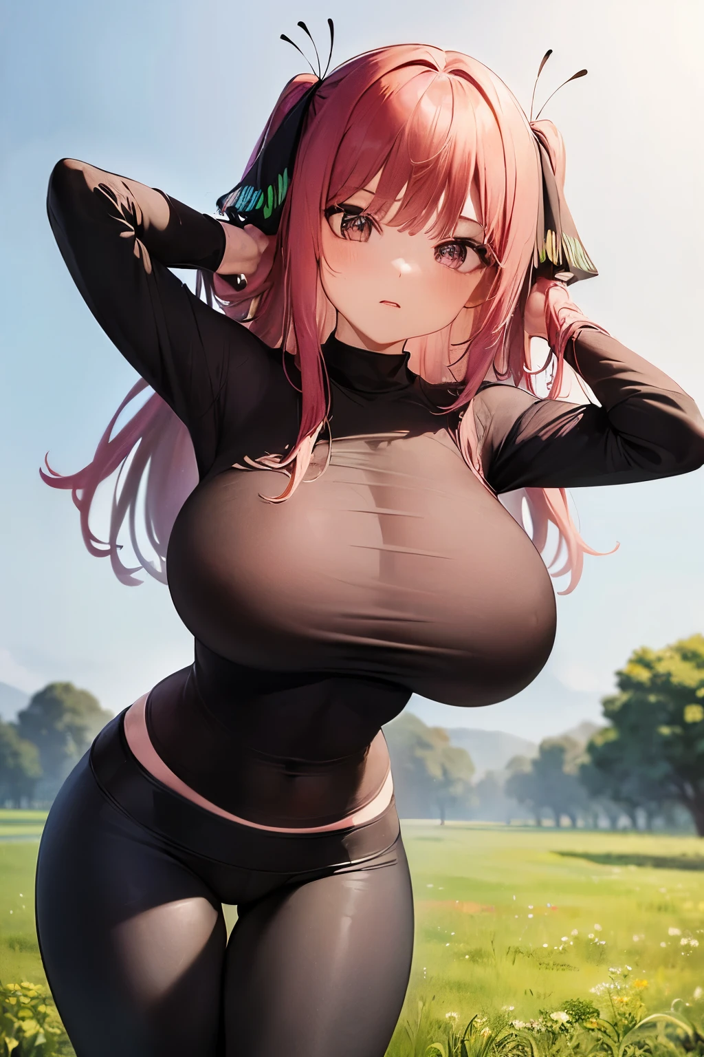 masterpiece，High resolution，Highest quality，In the grassland, (Portrait), (Cowboy Shot），Butterfly Hair Ornament、Cute Face，((Hands Behind Back))、((Facing forward))、Pink Hair、((Shooting from the front:1.5)), ((Tight blackＴshirt:1.5)), ((Tight yoga pants)).  ((Big Breasts:1.3)), See-through nipples