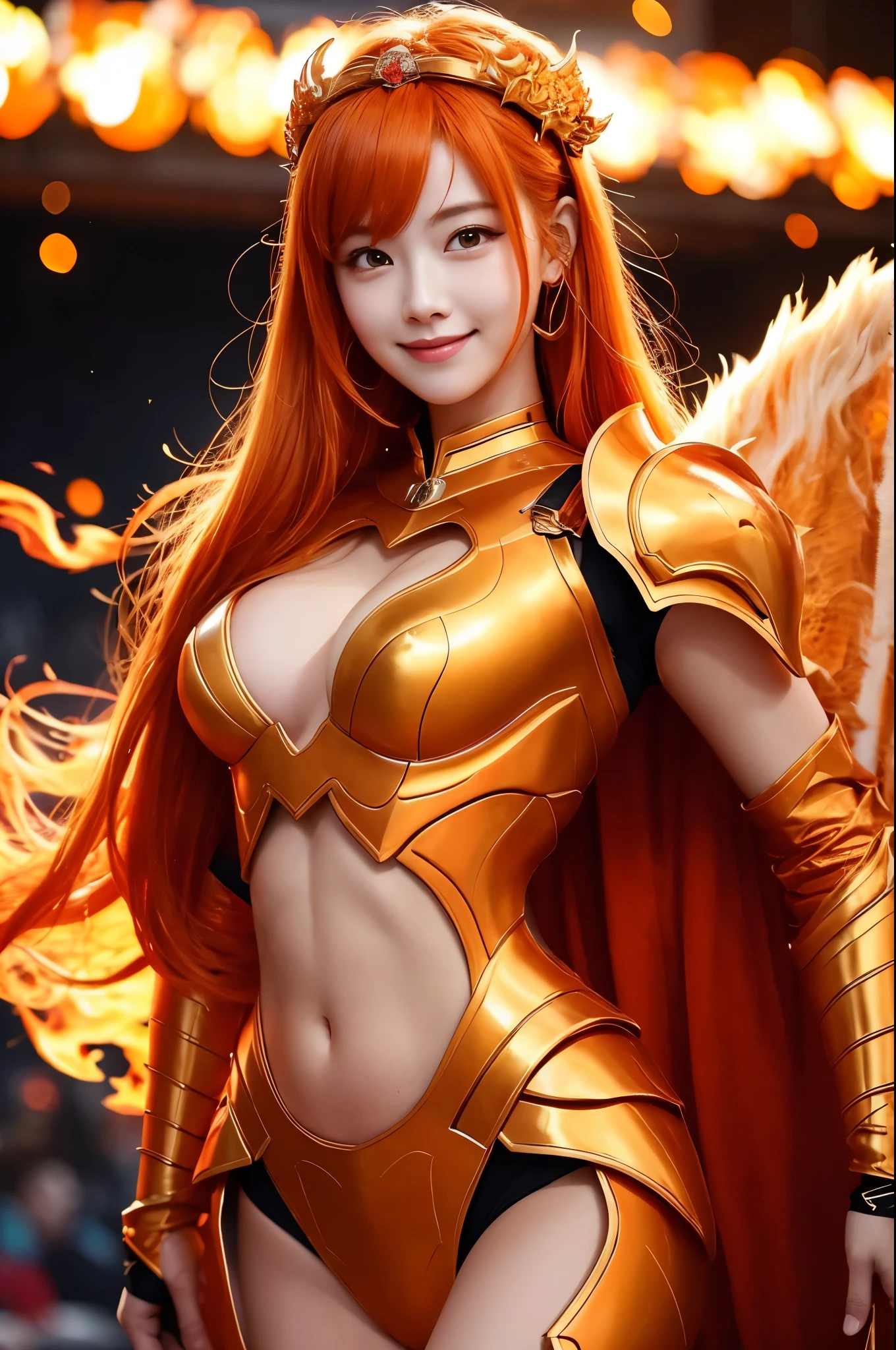 8k,Goddess of Fire, With the energy of a 20-year-old.,Super Beauty(Like the real thing),She looks out at the audience with a fearless smile..,Orange Hair,Sexy Orange Flame Armor(Fire God's Emblem),Orange Flame Gauntlets(Fire God's Emblem),Orange Flame Leg Guards(Fire God's Emblem),A dark and desolate land,Photorealistic RAW photos of the highest quality。Bright colors,Rich colors, Backlight, Cinema Lighting, Film Grain, 50mm lens, Nikon D850,Realistic Skin,Fantasy art,Character Art,Ultra-high resolution,Realistic Skin,Very strong and toned abdominal muscles,Raised muscles,Goddess of Fireである20歳の美女,Golden Eyes,Black Flame God Costume(Orange flame emblem filigree),Energy Man,Super Muscular Beauty,Hard and strong abs,Top-down view,Dynamic fighting pose,Uplifting,Big smile,