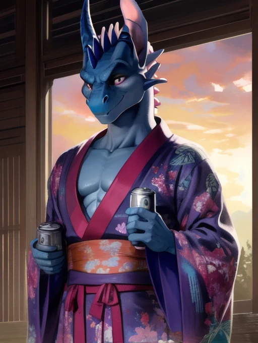 Masterpiece, High quality, Ridiculous resolution, Digital Painting \(work of art\), alone, (Kimono:1.4), Male Anthro Dragon, Blue-purple body, smile, sunset, by (by Pino Daeni, (by ruaidri), can, Kiyo-san), พื้นหลังbyละเอียด, anime, (dark shadow, Wide dynamic range, HDR, low beam:1.2), Muscle