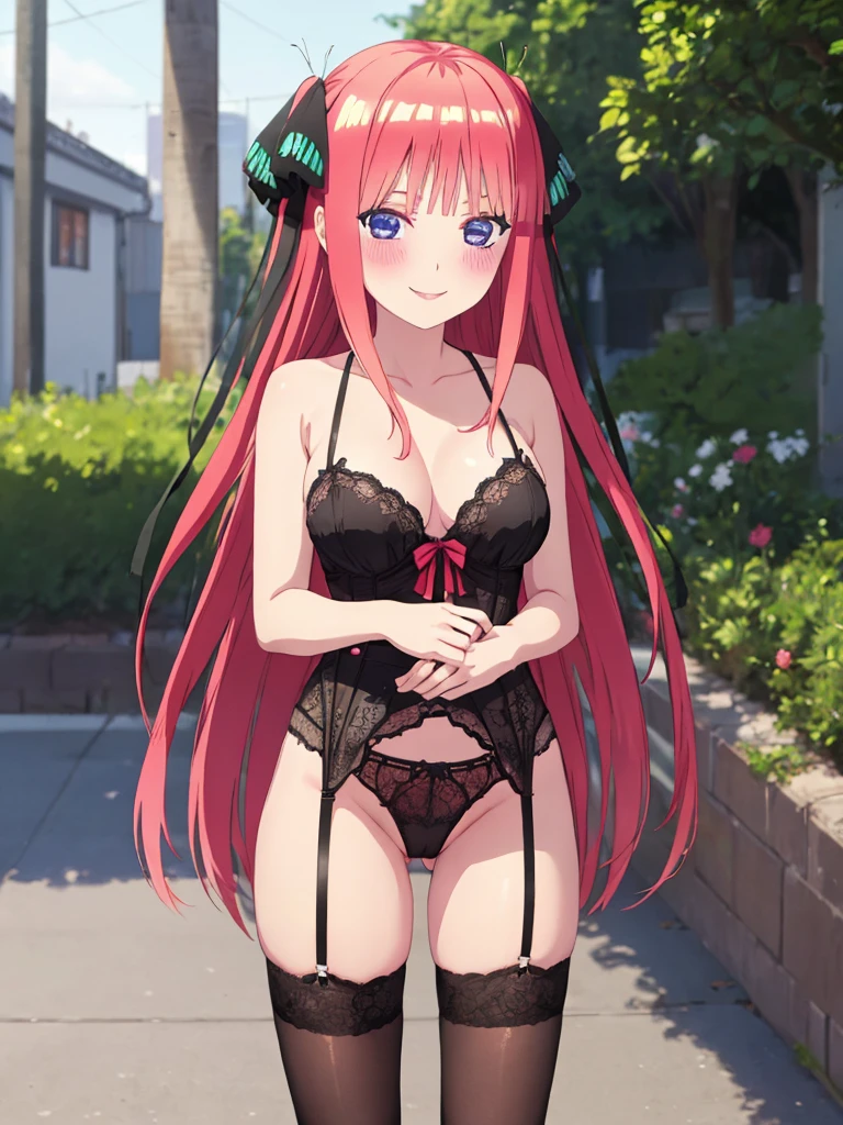 best quality, insanely detailed, nino nakano, breasts, blush, outdoor background, bare-shoulder, looking at viewer, garter strap, a black ribbon, stockings, pussy, smile, lingerie garterbelt, cheerful eye, spread leg