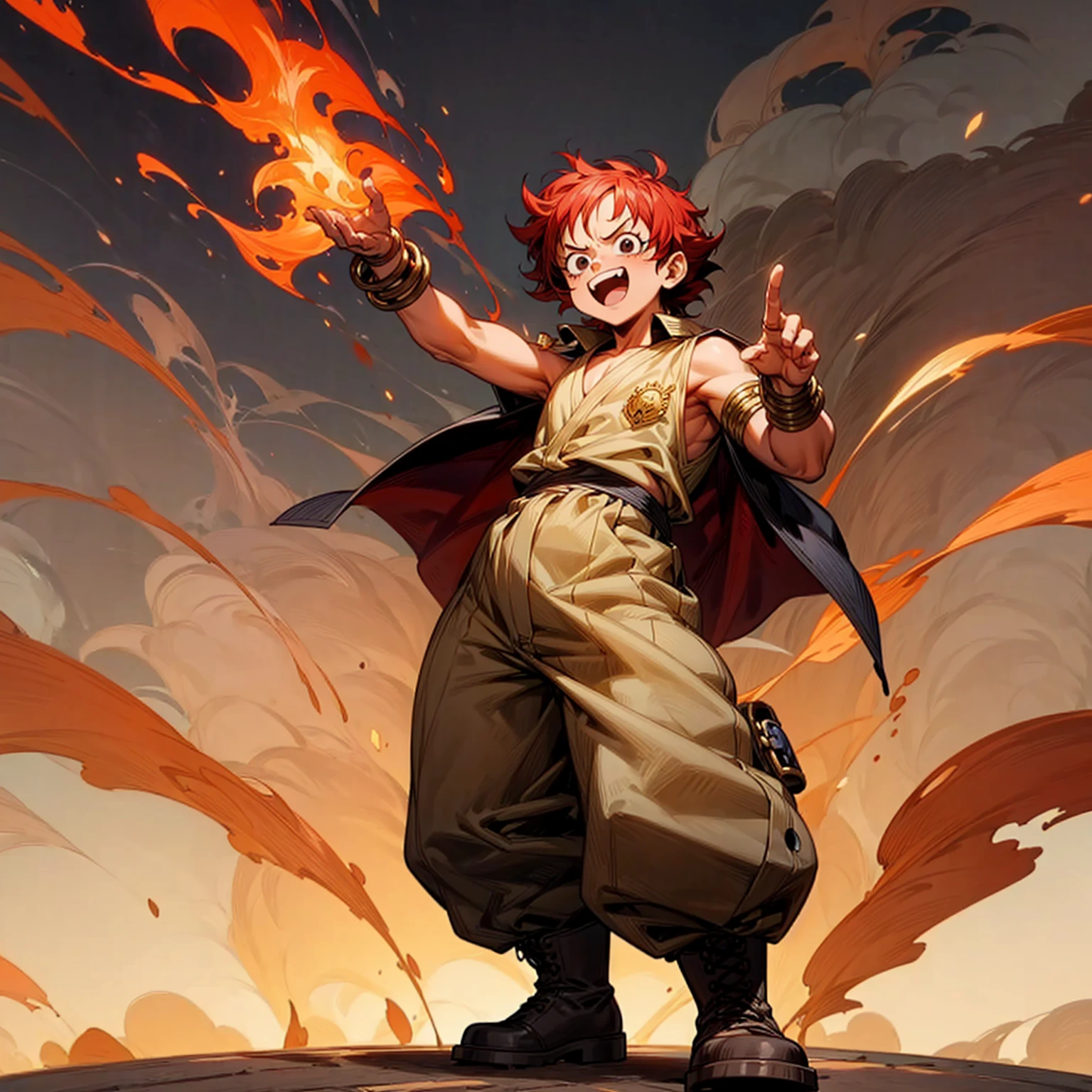 Solo character, full body version, fat, ??? boy, short curly hair, red colored hair, tan skin, open mouth, toothless teeth, black eyes, chest hair, arm hair, vest, gold bracelets, Wide leg trousers, boots, shadow, full background in field town, laugh face, smoke effect on background, fire in two hand, standing gesture, (one piece style art)