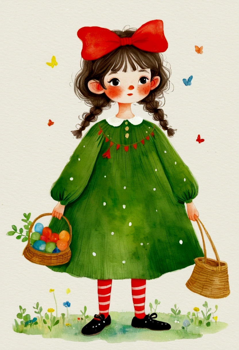 There is a painting，The picture shows a girl wearing a green dress, Storybook illustrations inspired by Elsa Beskow, tumblr, Childish Art, She has a red bow in her hair, Change, Change in dress, Drawn in a whimsical style, little elf girl, A little elf, , Lovely storybook illustration, Lovely:2, Children&#39;s illustrations
