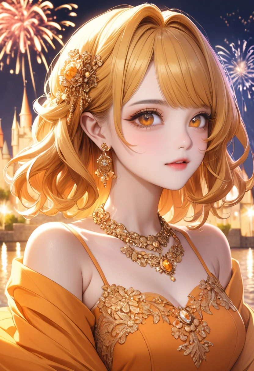 1 female Yellow short wavy hair Yellow eyebrows Orange eyes Socialite debut Orange long dress with gold embroidery Inside the castle firework hair ornaments Gorgeous necklace with matching earrings Golden West