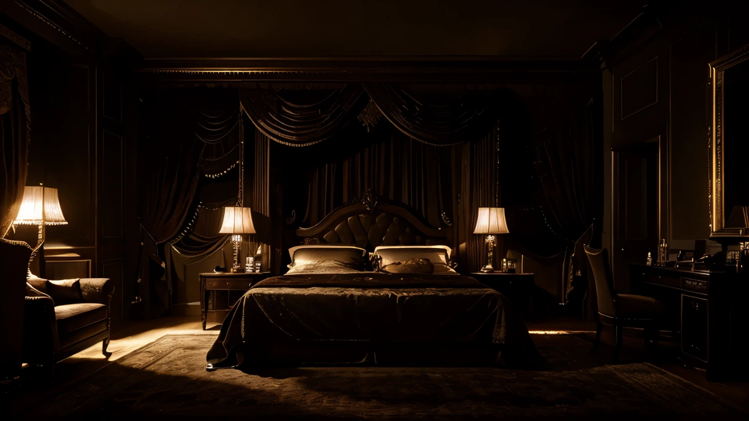 night scene, a luxurious bedroom, (cinematic:1.3), intricate details, (ArtStation:1.2)