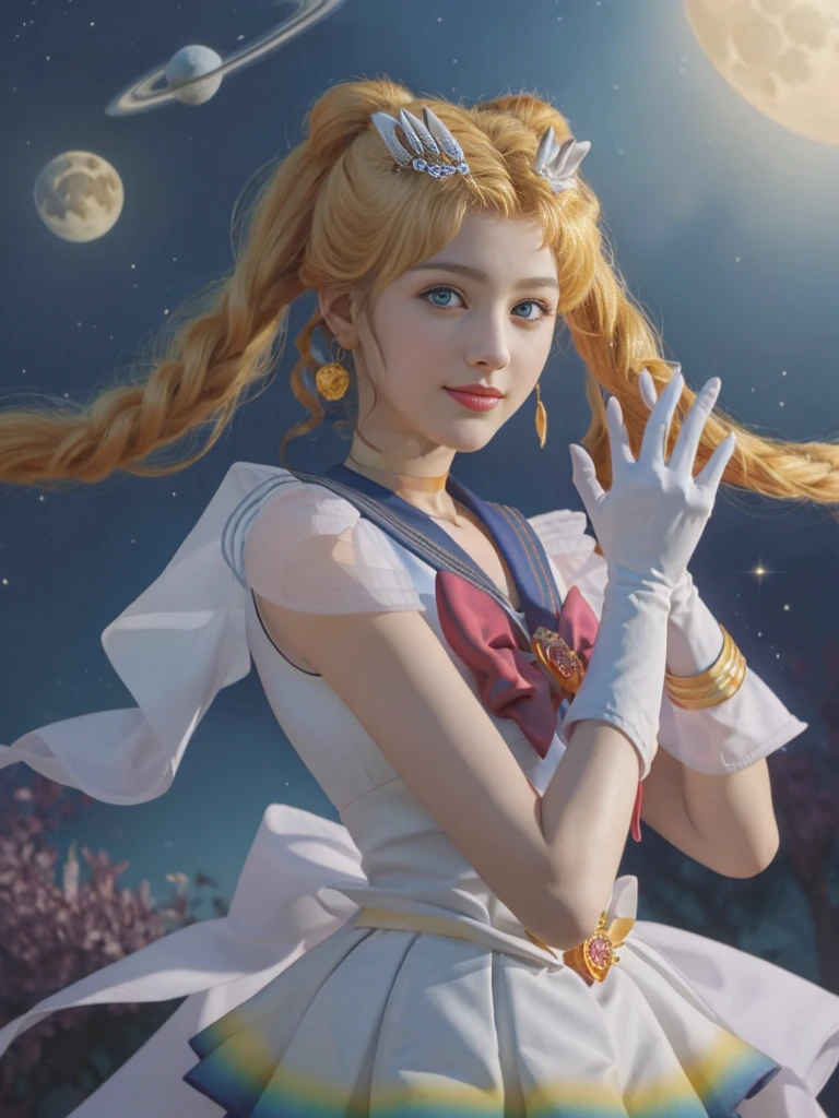 ((HD Real、Same 1st level)), Extremely realistic, masterpiece, Highest quality, Highest Resolution, Same 1, space, Great beauty, Upper body photo、1 girl、Brisket、gloves、lips、alone、Sailor Moon、blue eyes、 uniform、Show more1、land、Sailor Senshi uniform、(RAW Photos、Highest quality)、masterpiece、Floating golden twin tails、Blue Sailor Collar、bow、choker、흰 gloves、노란색 choker、Elbow Forest、Like a jewel、Earrings、Skirt side、Outsole、Telegraph slang、Golden twin-tailed hair、(Perfect hands):3.8、Octane Rendering、Moon Goddess、 (close:1.2)Beautiful eyes with delicate details、close、Small eyes、View your viewers、to8 contrast style、Octane Lineart、space and moon background、Beautiful smile、Hands down