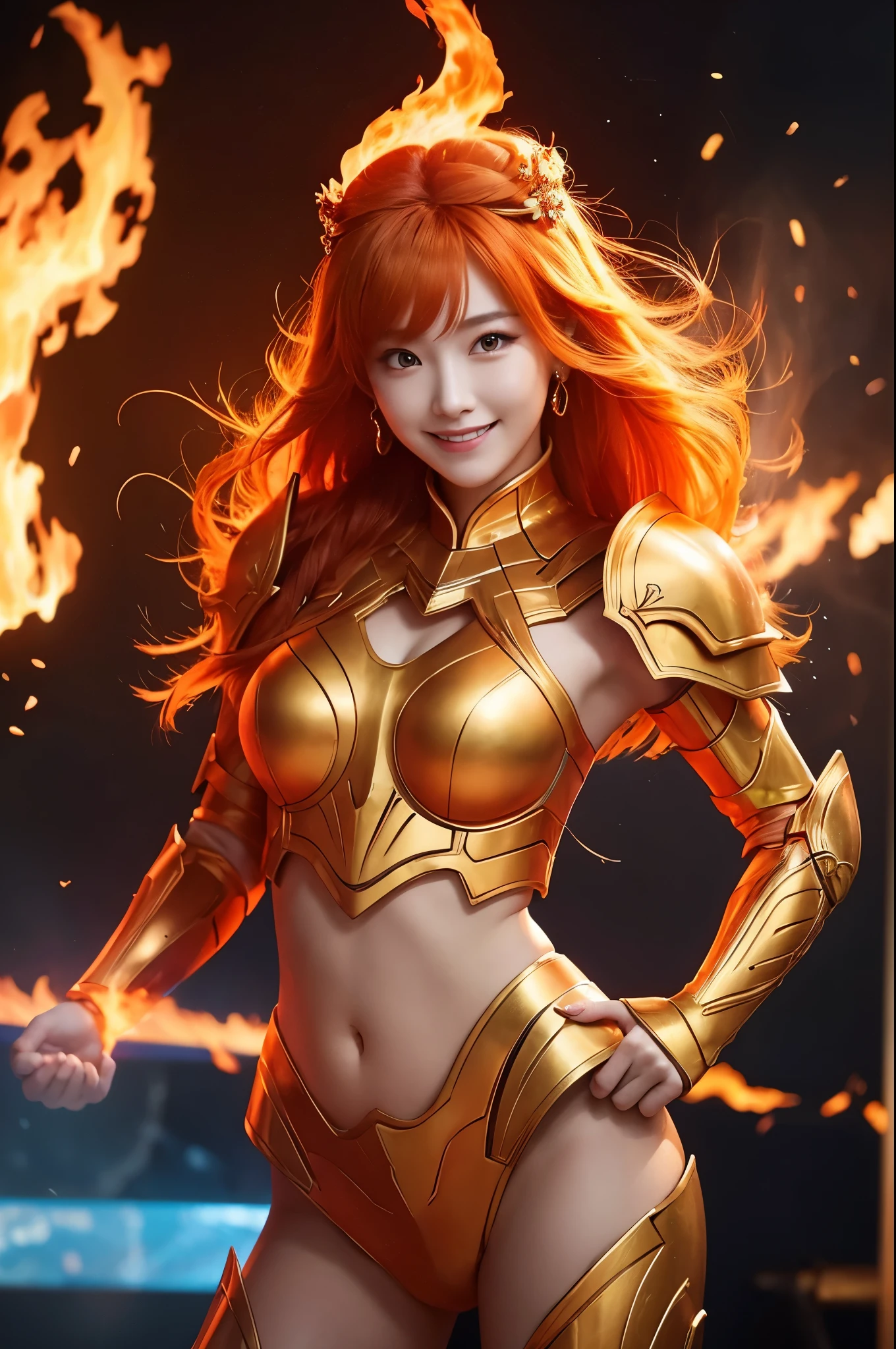 8k,Goddess of Fire, With the energy of a 20-year-old.,Super Beauty(Like the real thing),She looks out at the audience with a fearless smile..,Orange Hair,Sexy Orange Flame Armor(Fire God's Emblem),Orange Flame Gauntlets(Fire God's Emblem),Orange Flame Leg Guards(Fire God's Emblem),A dark and desolate land,Photorealistic RAW photos of the highest quality。Bright colors,Rich colors, Backlight, Cinema Lighting, Film Grain, 50mm lens, Nikon D850,Realistic Skin,Fantasy art,Character Art,Ultra-high resolution,Realistic Skin,Very strong and toned abdominal muscles,Raised muscles,Goddess of Fireである20歳の美女,Golden Eyes,Black Flame God Costume(Orange flame emblem filigree),Energy Man,Super Muscular Beauty,Hard and strong abs,Top-down view,Dynamic fighting pose,Uplifting,Big smile,