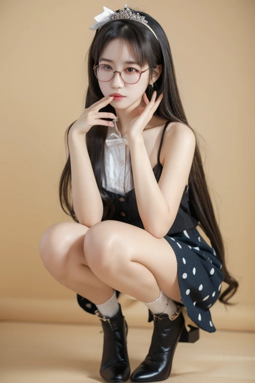 Highest quality、masterpiece、High sensitivity、High resolution、Detailed Description、Slender women、Glasses、Semi-long hair、Polka dot skirt squatting、