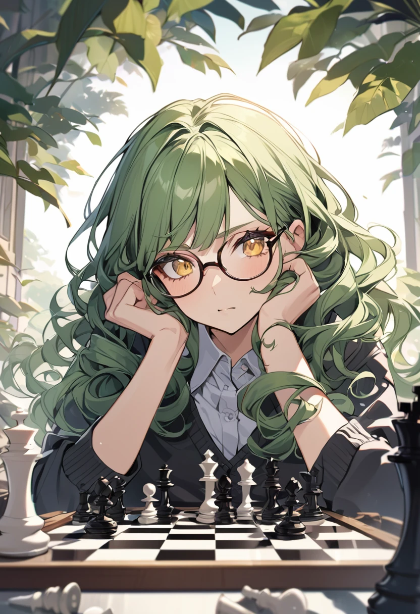 girl, yellow eyes, green hair, beautiful, high detail, beautiful background, playing chess, main face, front face, school girl, 30 year old, curly hair, glasses, wondering