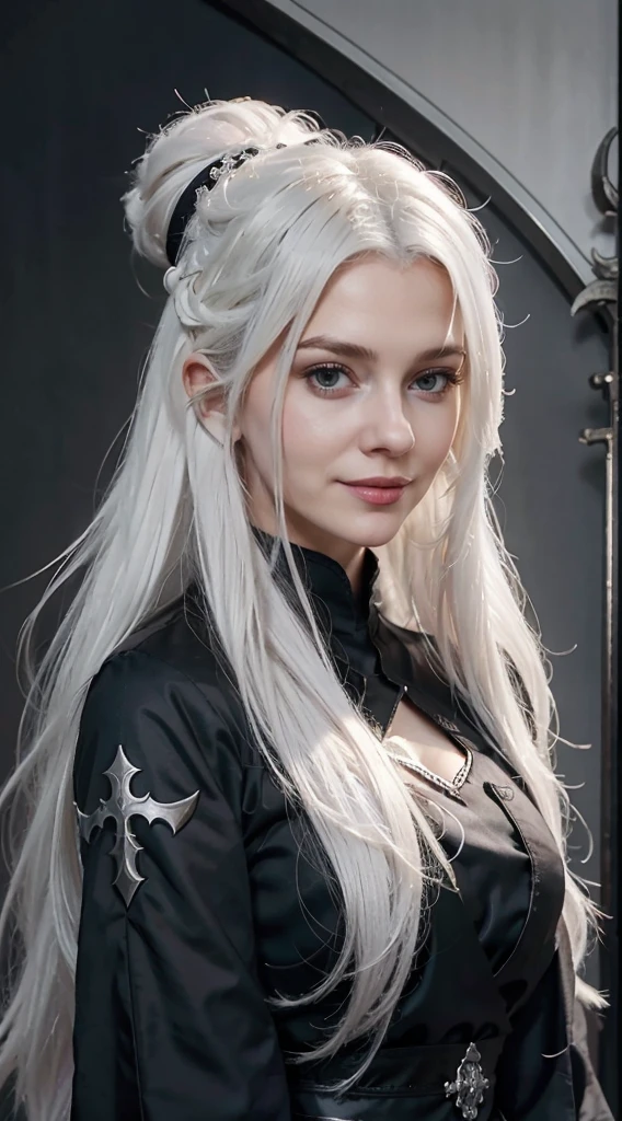 a close up of a person with white hair and a sword, white haired deity, with white long hair, with long white hair, artwork in the style of guweiz, white haired, guweiz, handsome guy in demon slayer art, beautiful character painting, by Yang J, white-haired, guweiz on pixiv artstation, anime character,black clothing,in the palace,snow, mature, milf, lovely smile, beautiful smile, smiling