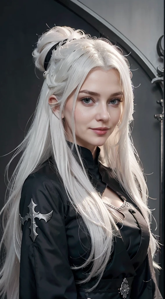 a close up of a person with white hair and a sword, white haired deity, with white long hair, with long white hair, artwork in the style of guweiz, white haired, guweiz, handsome guy in demon slayer art, beautiful character painting, by Yang J, white-haired, guweiz on pixiv artstation, anime character,black clothing,in the palace,snow, mature, milf, lovely smile, beautiful smile, smiling
