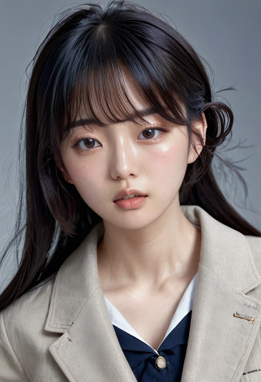 (masterpiece), (Highest quality), (Super detailed),(Disheveled Hair),(figure), (One girl), (((School Uniforms))), (Jacket)、Are standing, View your viewers,  (Simple Background),Beautiful attention to detail,triangle face、 Delicate and beautiful face,freckles ､((No makeup))､､(midelioam)､floating,(High saturation),), Light-colored lips､(Mouth closed)、Soft Breasts､(((long hair)))、 Black Hair, bangs, Hair Ring, Floating hair, (The Shining), hair over one eye、parted bangs、Best lighting, Best Shadow,((Cowboy Shot))