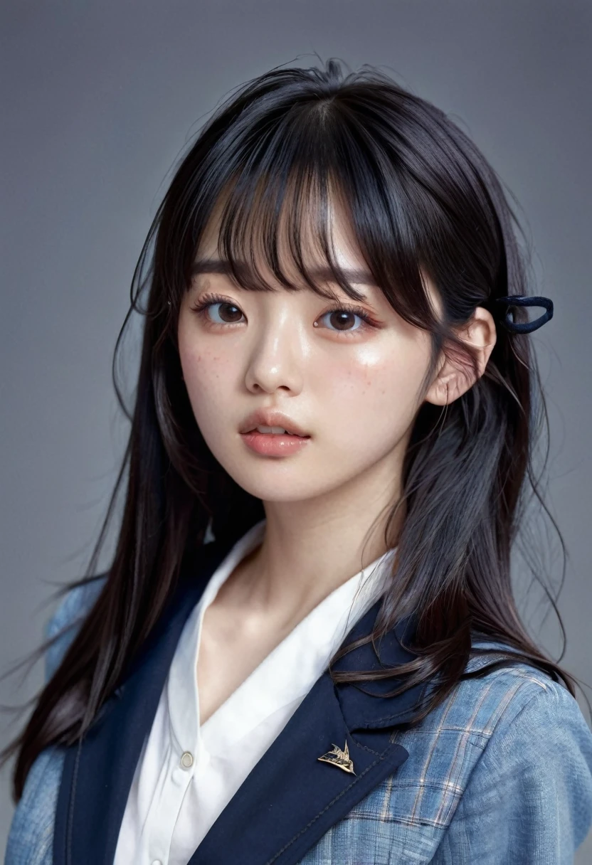 (masterpiece), (Highest quality), (Super detailed),(Disheveled Hair),(figure), (One girl), (((School Uniforms))), (Jacket)、Are standing, View your viewers, (Simple Background),Beautiful attention to detail,triangle face、 Delicate and beautiful face,freckles 、((No makeup))、、(midelioam)、floating,(High saturation),), Light-colored lips、(Mouth closed)、Soft Breasts、(((long hair)))、 Black Hair, bangs, Hair Ring, Floating hair, (The Shining), hair over one eye、parted bangs、Best lighting, Best Shadow,((Cowboy Shot))