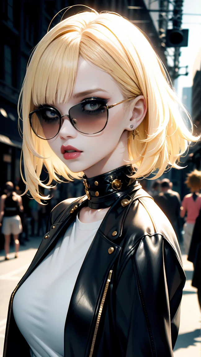 (Masterpiece:1.2, best quality), (1 woman, alone, upper body)
clothes: punk jacket, strange, mixed style: golden hair, Beautiful makeup,sunglasses, playful jewelry: creativity, imagination, naturally
Location: Music Festivals, art gallery, Indie Theater Hobbies: creative art, Attend a live performance, Experimenting with fashion values: creativity, Expression, open inspiration: contemporary art movement, pop culture icons, Personality characteristics of street fashion: creativity, naturally, adventure.