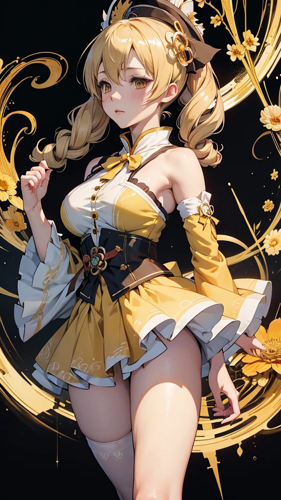 Official Art, unity 8k wallpaper, Very detailedな, Beautiful yet fleeting、beautiful, masterpiece, Highest quality, Japanese style,Yellow Flower (zenTangle, Mandala, Tangle, enTangle), Flower Ecstasy,((Tomoe Mami)) One Girl, Very detailed, Dynamic Angle, 、beautiful金髪のツインテール、Big Breasts、Tight clothing、Black Beret,Blonde twin tails, the most beautiful form of chaos, ((魔法少女まどか☆マギカ)).elegant, Brutalist Design, Vibrant colors, Romanticism, James Jean, Robbie Dawi Anton, Ross Tran, Francis Bacon, It was very cold, Petra Cortright, Gerhard Richter, takato yamamoto, Ashley Wood, Atmospheric,The Great Wizard((Holding a teacup))((Large Breasts))