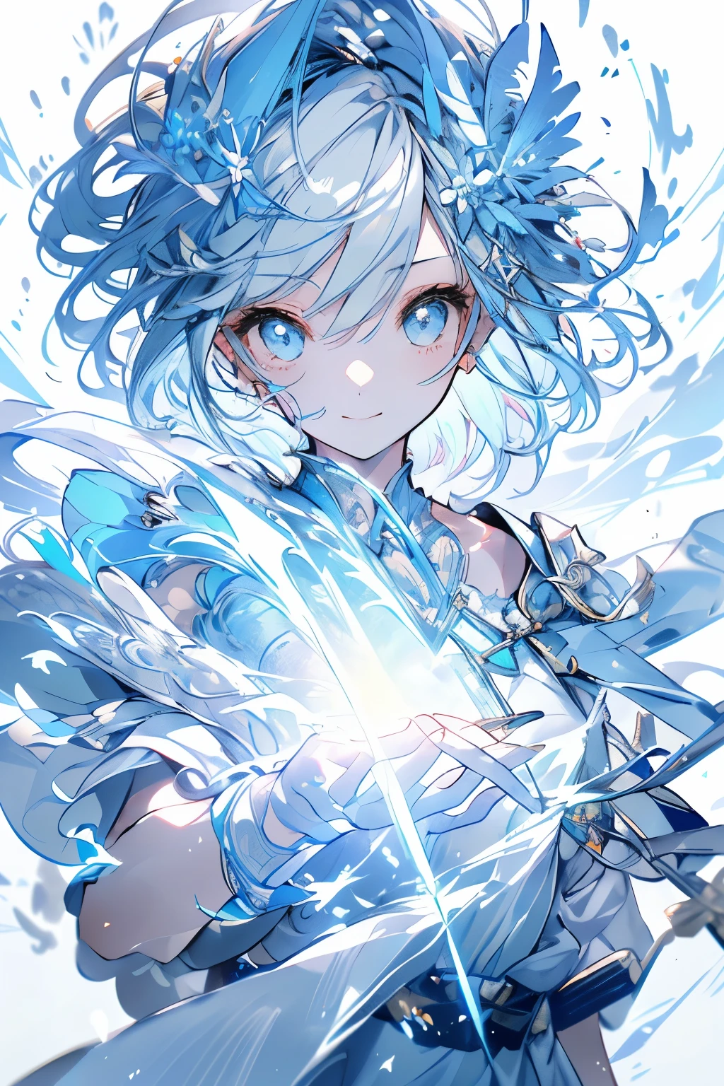 (white background:1.4),(white dirt road, oriental elements)，(nature illustration spring:1.3，paper art:1.3, キルティングpaper art:1.2),( reasonable design, clear lines, High sharpness,highest quality, very detailed, table top, movie lighting effects, 4k )、(light blue dress:1.2)、light blue dress、light blue clothes、shoulder light blue dress、light blue dress with cute design、Wind、With background、White feathers fly off、very white hair、length、light blue theme, slight smile、best smile、facing the front、girl in front