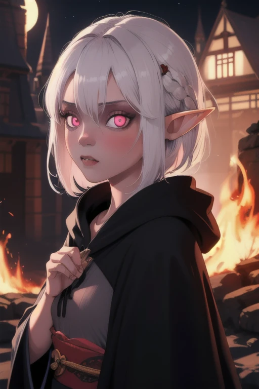 ((Best quality)), ((masterpiece)), (detailed), 1 elf girl, portrait, black hooded robe, gray skin, glowing pink eyes, dark fantasy, night, fire, aura, dark fantasy, medieval, white hair, night, castle, style Lady Eboshi, european,