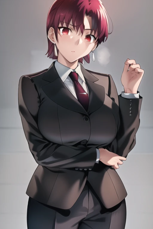 masterpiece, Highest quality, 、A person who writes in detail、Accurate human body、Knowledgeable person、Accurate 5 fingers,Mature Woman,Thick thighs,( Large Breasts,Facing forward、Are standing, See the viewers, Curvy Body,bazett, fgo, One Girl, alone, short hair, Redhead, bangs, Red eyes, Big Breasts、Formal suit, tie,black jacket,Earrings, Black trousers、White shirt、, Black gloves, ,((Blowjob Gestures:1.5)),One girl,blush,Open_moutsideh,tongue_outside,, Heavy breathing ,Embarrassed face、Sweating all over the body、vapor、Pussy juice,Putting a man's penis in your mouth、目の中にHeart symbol、Happy、Heart symbol、