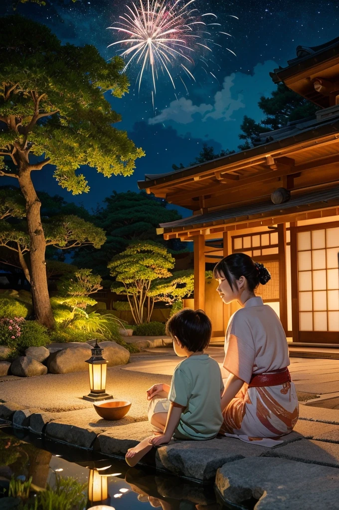 Studio Ghibli style illustration of a magical Japanese summer night, mother and son sitting side by side on an engawa of a traditional Japanese house, enjoying handheld fireworks, Hayao Miyazaki inspired art style, intricate background details, lush vegetation, warm color palette with soft glowing effects, yukata-clad mother with gentle expression, curious wide-eyed son, starry night sky with a bright crescent moon, fireflies dancing in the air, detailed Japanese garden with stone lantern and koi pond, soft glow of fireworks creating a enchanting atmosphere, nostalgic and heartwarming scene, (Studio Ghibli aesthetic:1.4), (Miyazaki's attention to detail:1.3), (warm lighting:1.2), (hand-drawn animation style:1.1), (magical realism:1.0)