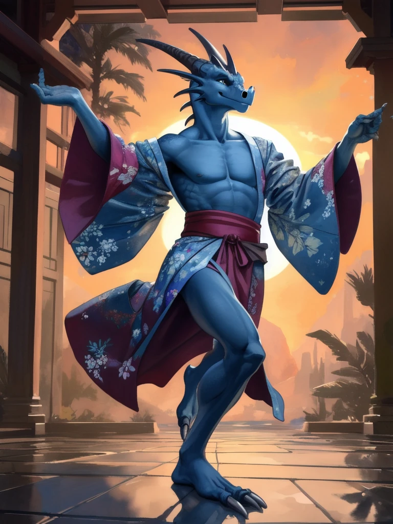Masterpiece, High quality, Ridiculous resolution, Digital Painting \(work of art\), alone, (Kimono:1.4), Male Anthro Dragon, blue body, ice, (Dancing), smile, sunset, loincloth, by (by Pino Daeni, (by ruaidri), can, Kiyo-san), พื้นหลังbyละเอียด, anime, (dark shadow, Wide dynamic range, HDR, low beam:1.2), stalwart