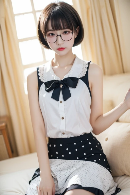 Highest quality、masterpiece、High sensitivity、High resolution、Detailed Description、Slender women、Glasses、Bobcut、Polka dot skirt、