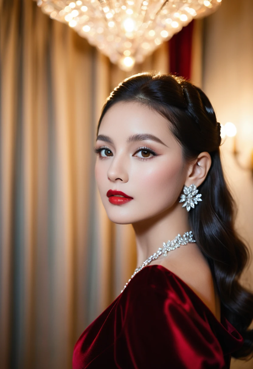Classic Hollywood glamour, girl in a stunning red evening gown, dazzling accessories, (captivating eyes, red lips, flawless skin), luxurious backdrop, velvet curtains, dramatic pose, interesting composition, spotlight illumination, rich shadows, shallow depth of field, sparkling bokeh, exquisite details, high-resolution, 35mm film, timeless elegance. portrait photography, 35mm film, natural blurry,