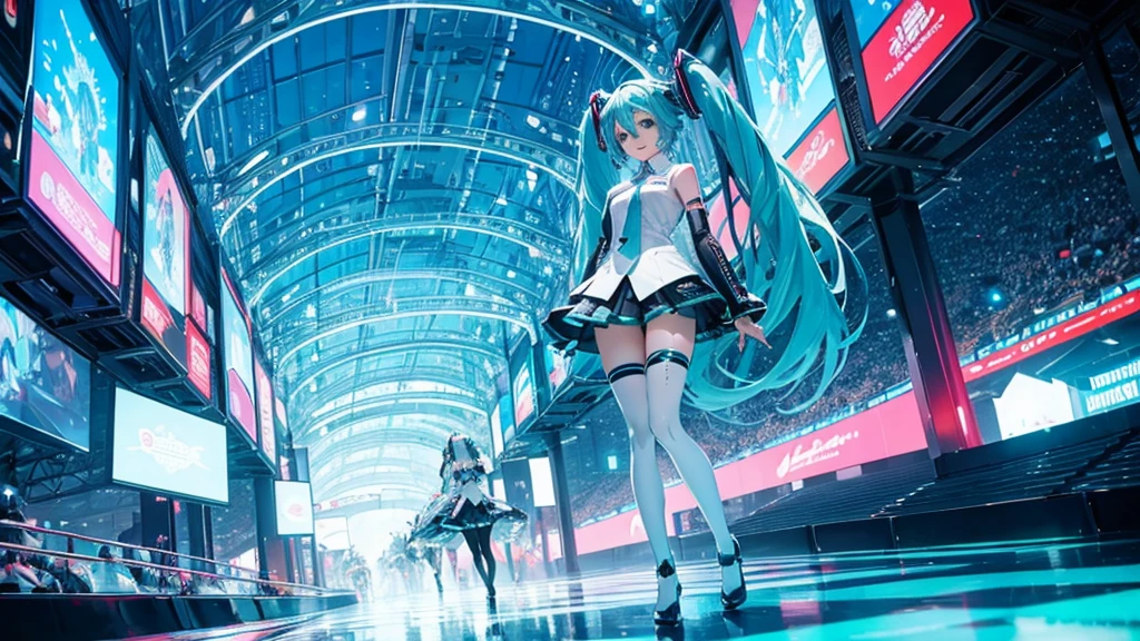 A spectacular parade in a futuristic metaverse theme park featuring Hatsune Miku and colorful neon lights