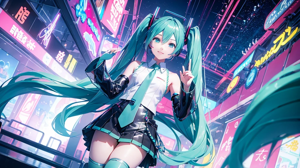 A spectacular parade in a futuristic metaverse theme park featuring Hatsune Miku and colorful neon lights