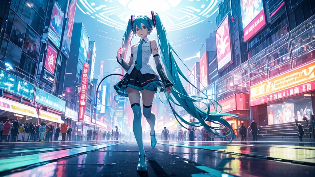 A spectacular parade in a futuristic metaverse theme park featuring Hatsune Miku and colorful neon lights