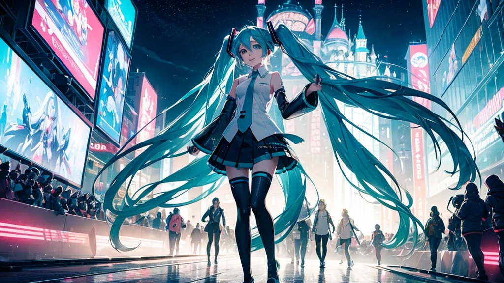 A spectacular parade in a futuristic metaverse theme park featuring Hatsune Miku and colorful neon lights