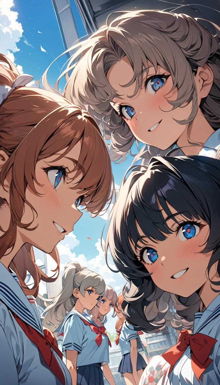 Highest quality, masterpiece, Four Girls, 80s Hairstyles, (Schoolgirl uniform,Sailor suit), smile, (Different hair colors, A different face), (Japanese school,On the way home from school), Pause,Detailed skin texture, Detailed cloth texture, Detailed face, Detailed Hair, Super Detail, 8k, Intricate details, Dynamic composition, High resolution eyes, Mystical Eyes, Summer sunshine, Anime of the Japan of the 80s,