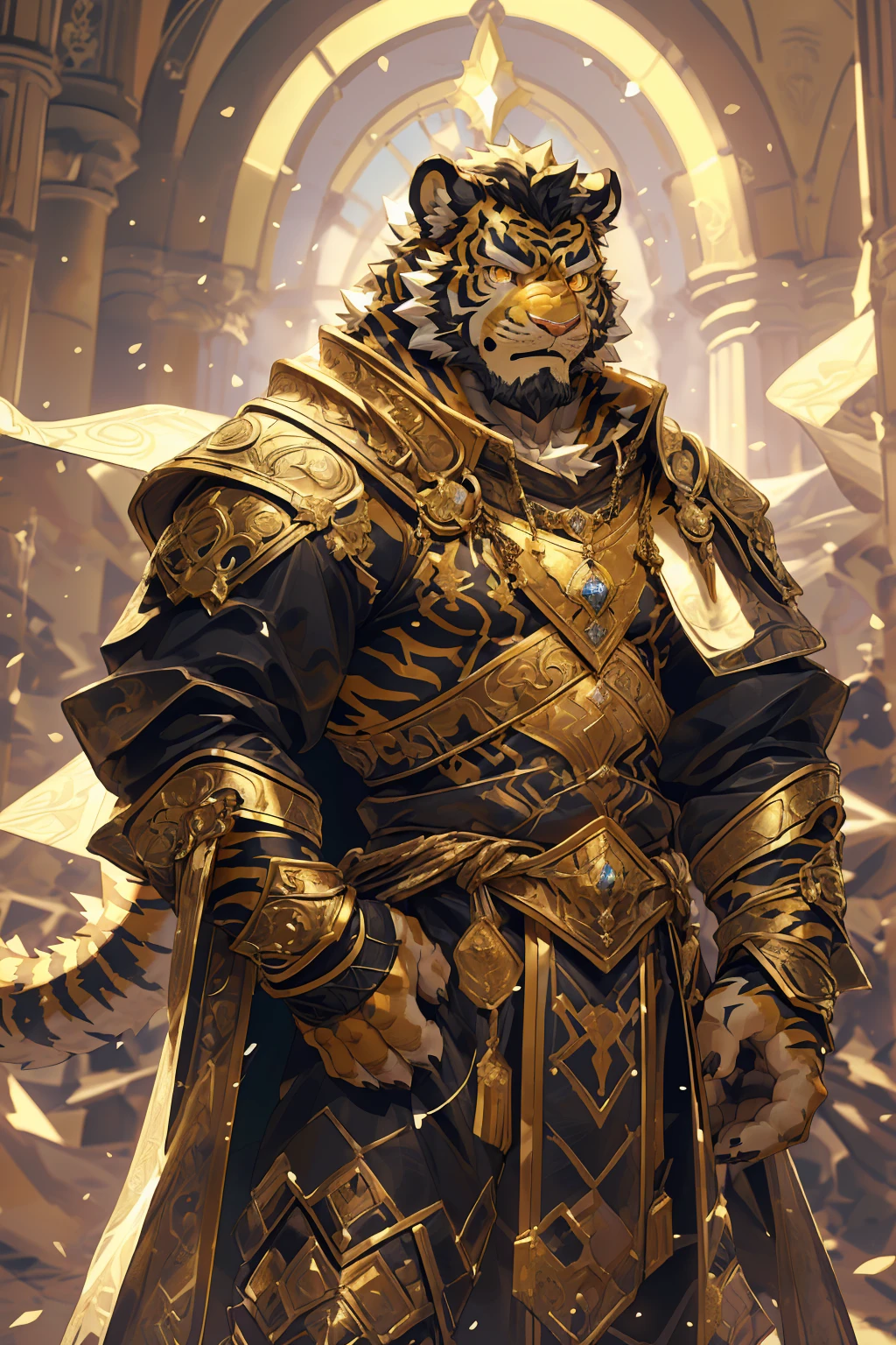 (Scarred body),(Wearing a dark black robe:1.5),king,16k high quality detailed art,(Wearing scarlet blood accessories:1),(Golden Tiger:1.1), (((White and golden fur:1.5))),(Duotone),(A pair of eyes of different colors, One eye has a golden eye，The other eye is blue:1.7),Both eyes are the same size:1.4),(Muscular body:1.3),Handsome,(OK),(Perfect face),(Exhausted:1.1),(Gold and white skin:1.3),(Whole body description:1.3),Publaz, (Golden Tiger:1.1), (((Gold and white fur:1.3))),Handsome, (OK),Express,(Background of the Royal Palace),(Cold expression:1.3),(Golden Tiger tail),不同的Express,(Perfect masterpiece),(32K),(Abdominal muscles:1.3),(((middle aged:1.4))),(36 years old),(Gold Stripes),Solitary,(Black sideburns:1.2),(black beard:1.3),(Black Chin:1.3),(Gold face pattern:1),(Very rich facial details:1.3),(Strong),(Mighty pose:1.6),Front view,(CG),(HD),(Black Hair),Full body portrait,(Detailed background:1.3),(Dark ink armor:1.3),The murderous gaze,(Pure black pupils:1.3),