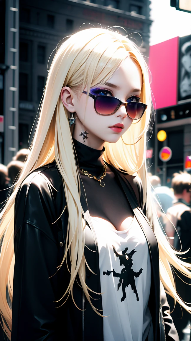 (Masterpiece:1.2, best quality), (1 woman, alone, upper body)
clothes: punk jacket, strange, mixed style: Long blonde hair, Beautiful makeup,sunglasses, playful jewelry: creativity, imagination, naturally
Location: Music Festivals, art gallery, Indie Theater Hobbies: creative art, Attend a live performance, Experimenting with fashion values: creativity, Expression, open inspiration: contemporary art movement, pop culture icons, Personality characteristics of street fashion: creativity, naturally, adventure.