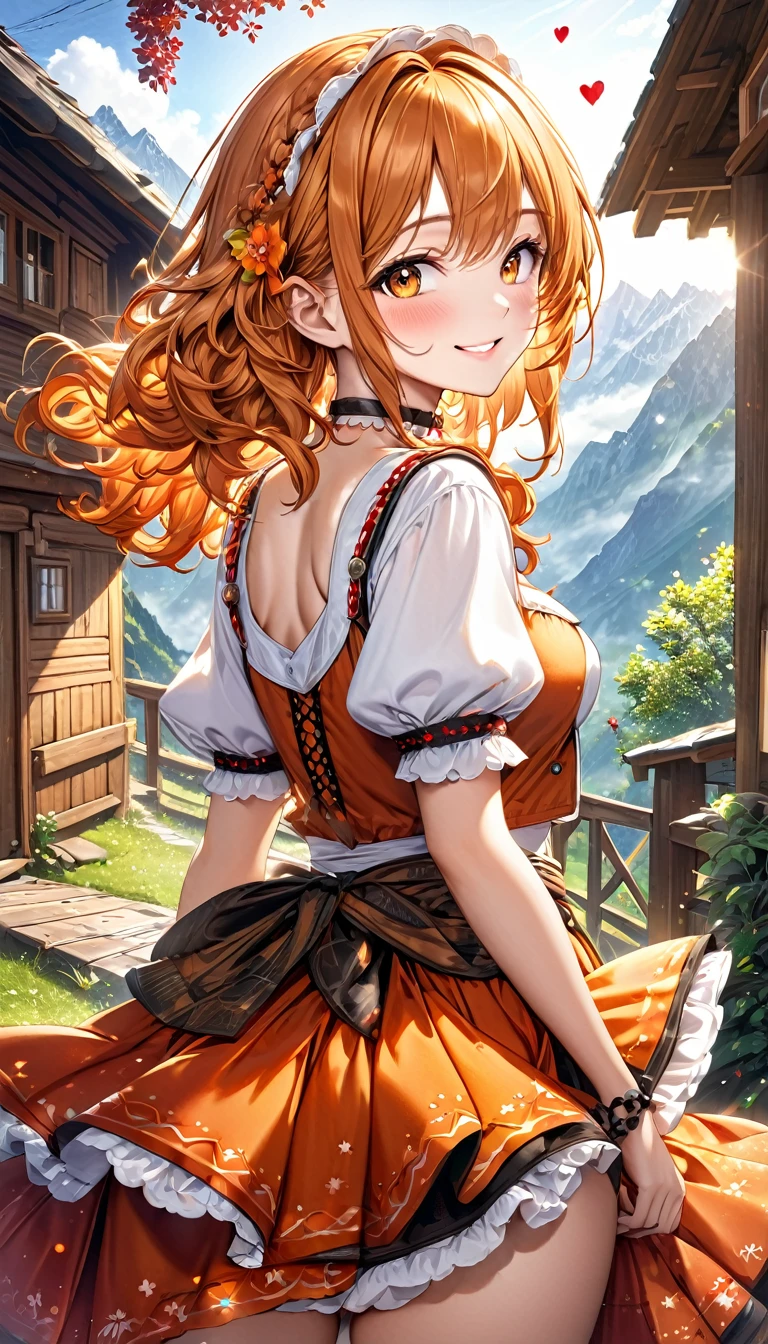 masutepiece, Best Quality,Dutch Angle, Hair Ornament, Wolf Girl, Bangs, Orange Eyes, Brown hair, Long hair, smug, Perfect hands, medium breasts, wide hips, , (Windy:1.3), tail, Looking at Viewer, Mountains in the background, (Skirt lift),
