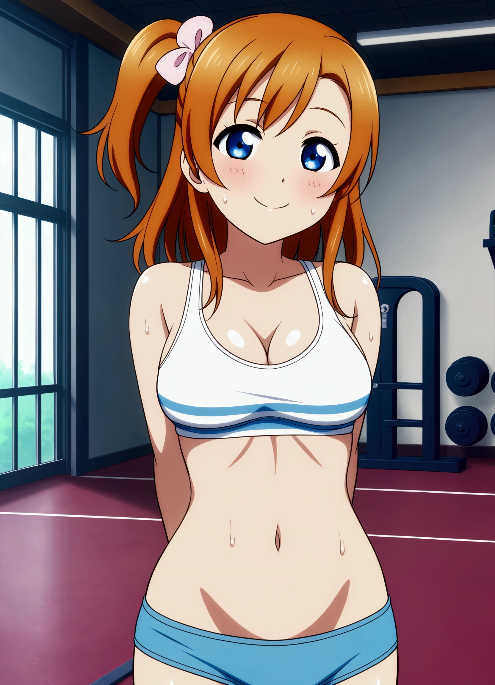 Masterpiece,best quality,Kousaka honoka, blue eyes, orange hair, looking_at_viewer, cowboy shot, skinny plain legging, tank top,in gym, cleavage , perfect shadow, sweating , standing ,arms behind back 