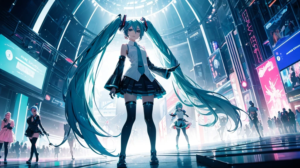 A spectacular parade in a futuristic metaverse theme park featuring Hatsune Miku and colorful neon lights