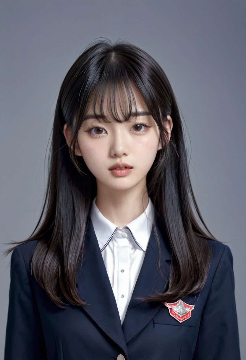 (masterpiece), (Highest quality), (Super detailed),(Disheveled Hair),(figure), (One girl), (((School Uniforms))), Are standing, View your viewers, (Simple Background),Beautiful attention to detail,triangle face、 Delicate and beautiful face,、((No makeup))、、(midelioam)、floating,(High saturation),), Light-colored lips、(Mouth closed)、(((long hair)))、 Black Hair, bangs, Hair Ring, Floating hair, (The Shining), parted bangs、Best lighting, Best Shadow,((Cowboy Shot))