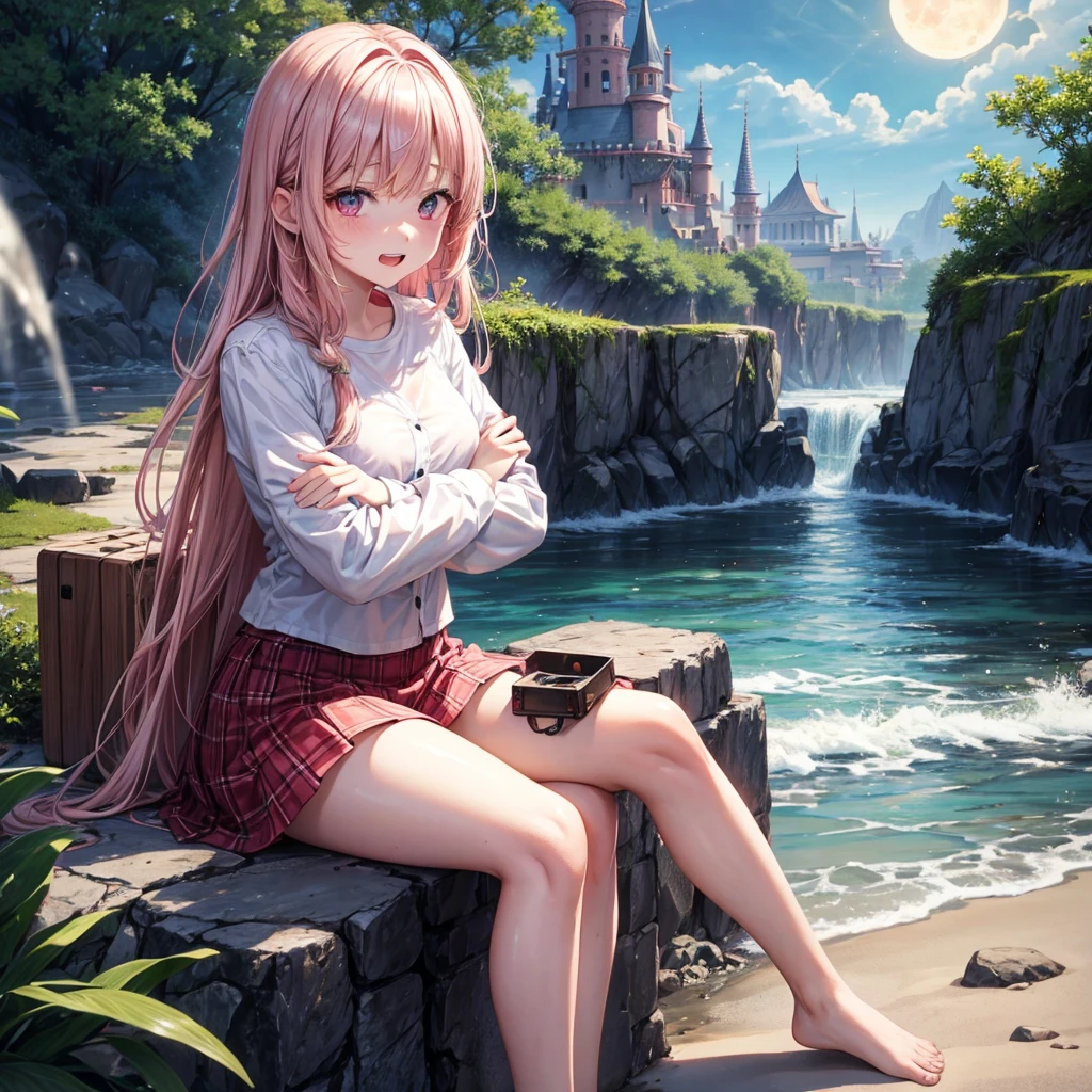 Pink Blonde、Red eyes、One cute girl、solo、And soul、Light clothing、Checked mini skirt、petal、Wet hair、Sit on、black t-shirts、Has a button、large tree、cloud、Red full moon、desert、barefoot、Stones are piled up、Teeth are visible、Secret Treasure、Wooden chair、Fortress City、water is gushing out、Tilting face、Hands together