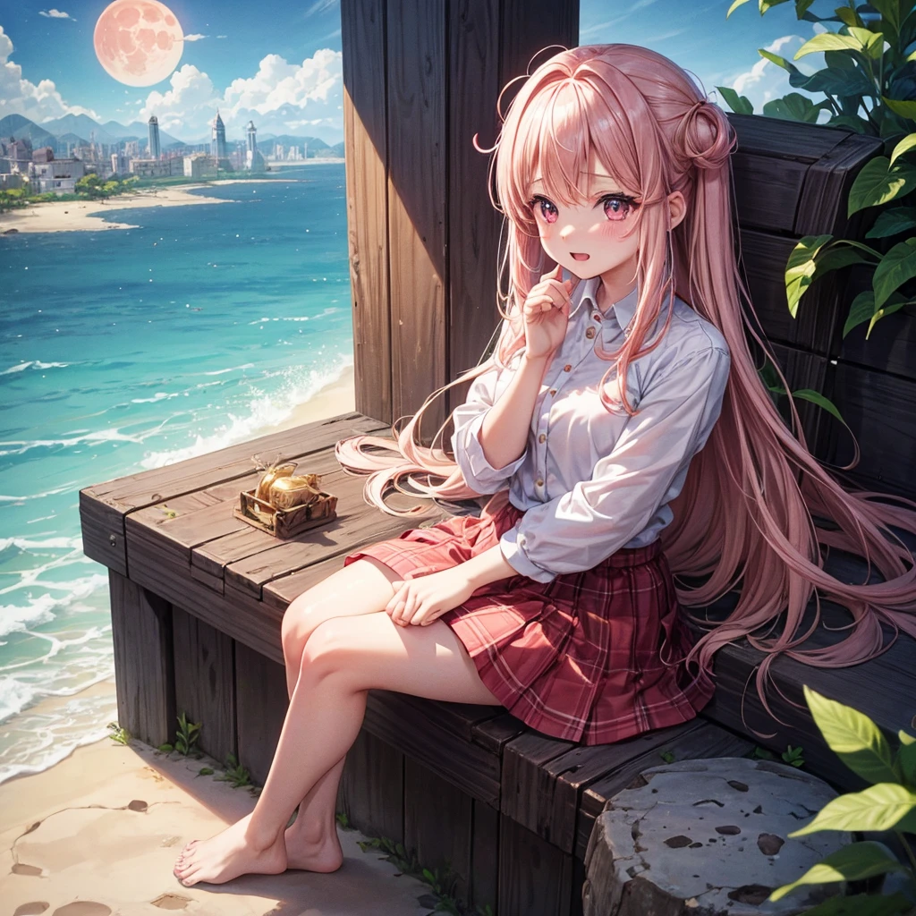 Pink Blonde、Red eyes、One cute girl、solo、And soul、Light clothing、Checked mini skirt、petal、Wet hair、Sit on、black t-shirts、Has a button、large tree、cloud、Red full moon、desert、barefoot、Stones are piled up、Teeth are visible、Secret Treasure、Wooden chair、Fortress City、water is gushing out、Tilting face、Hands together
