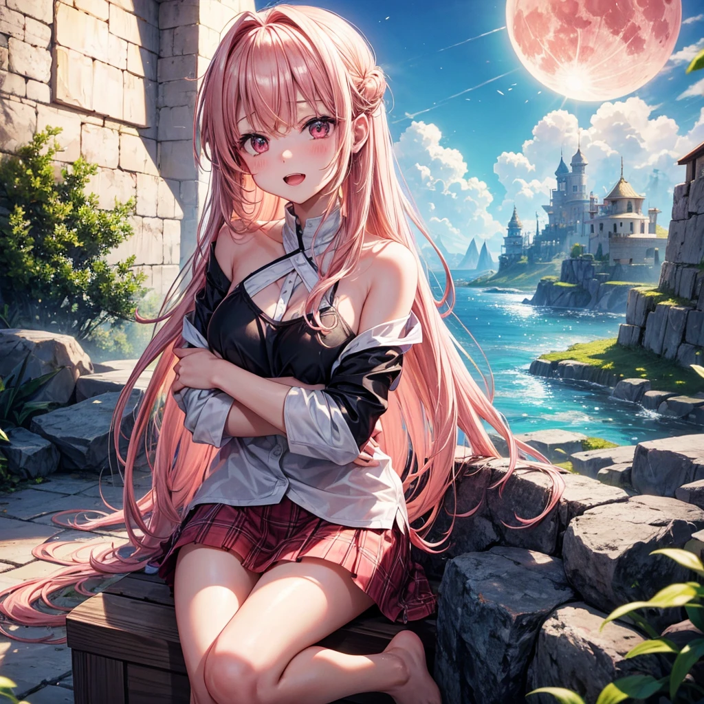 Pink Blonde、Red eyes、One cute girl、solo、And soul、Light clothing、Checked mini skirt、petal、Wet hair、Sit on、black t-shirts、Has a button、large tree、cloud、Red full moon、desert、barefoot、Stones are piled up、Teeth are visible、Secret Treasure、Wooden chair、Fortress City、water is gushing out、Tilting face、Hands together