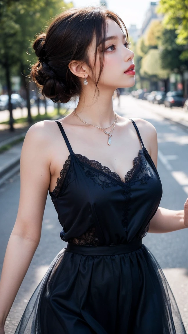 ((A beautiful girl walking down the Avenue Montaigne:1.5)), (masterpiece:1.3), light makeup, red lips, beautiful hair, (Medium Hair:1.3), elegant, soft lighting, Very fine details, masterworks, authentic texture, perfect work, 16k, high resolution, exquisite features, brown eyes, (Ultra-high resolution eye:1.1), Japanese idol, beautiful face,  ((artists work)), (gentle smile like a goddess), attractive, well-shaped breasts, beautiful cleavage, shiny skin, smooth skin, BREAK, ((Navy Tulle camisole dress decorated with fine lace:1.3), BREAK, earrings, necklace, BREAK, upper body, Standing with hands on hips, (close up:1.3), ((A look asking for a kiss:1.5))