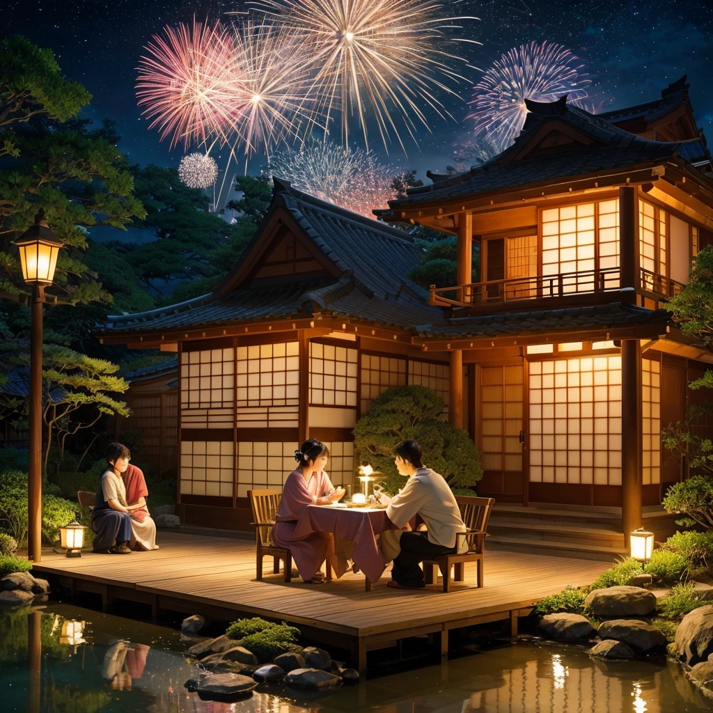 Studio Ghibli style illustration of a magical Japanese summer night, mother and son sitting side by side on an engawa of a traditional Japanese house, enjoying handheld fireworks, Hayao Miyazaki inspired art style, intricate background details, lush vegetation, warm color palette with soft glowing effects, yukata-clad mother with gentle expression, curious wide-eyed son, starry night sky with a bright crescent moon, fireflies dancing in the air, detailed Japanese garden with stone lantern and koi pond, soft glow of fireworks creating a enchanting atmosphere, nostalgic and heartwarming scene, (Studio Ghibli aesthetic:1.4), (Miyazaki's attention to detail:1.3), (warm lighting:1.2), (hand-drawn animation style:1.1), (magical realism:1.0)