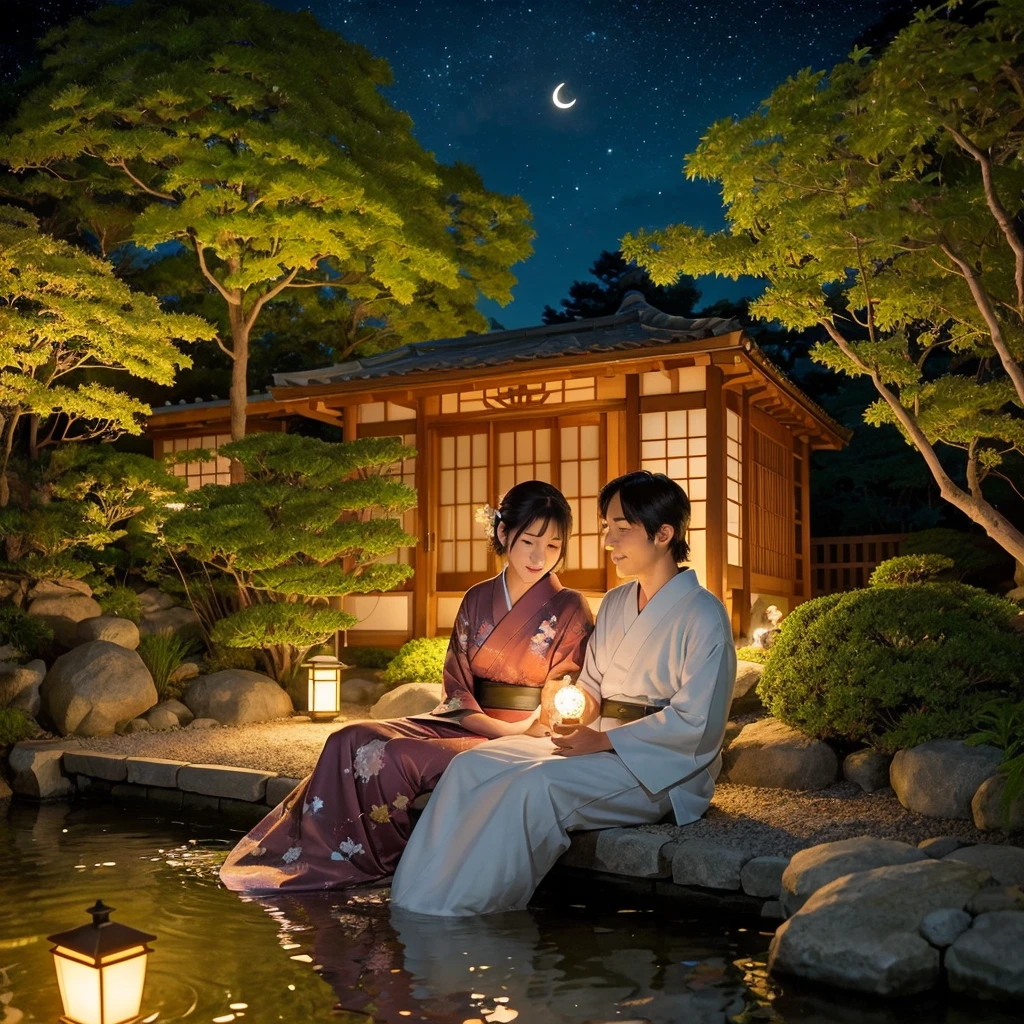Studio Ghibli style illustration of a magical Japanese summer night, mother and son sitting side by side on an engawa of a traditional Japanese house, enjoying handheld fireworks, Hayao Miyazaki inspired art style, intricate background details, lush vegetation, warm color palette with soft glowing effects, yukata-clad mother with gentle expression, curious wide-eyed son, starry night sky with a bright crescent moon, fireflies dancing in the air, detailed Japanese garden with stone lantern and koi pond, soft glow of fireworks creating a enchanting atmosphere, nostalgic and heartwarming scene, (Studio Ghibli aesthetic:1.4), (Miyazaki's attention to detail:1.3), (warm lighting:1.2), (hand-drawn animation style:1.1), (magical realism:1.0)