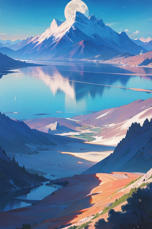 Highest quality、masterpiece、Landscape painting、Moon, Mountains and Lakes、Surrealism